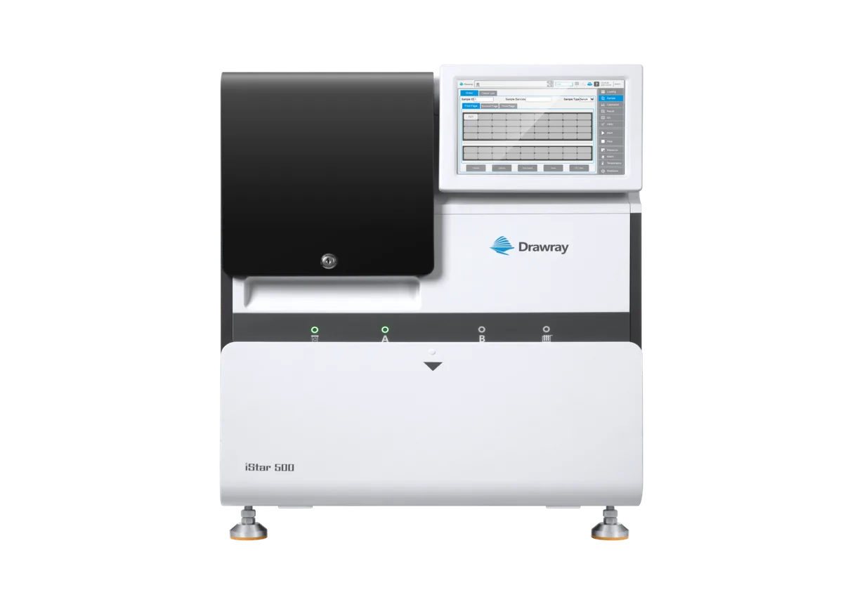 iStar 500 immunoassay analyzer, front view with the sample drawer open